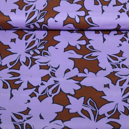 Popeline de coton - Motifs floraux abstraits marron et Lilas Popeline de coton - Motifs floraux abstraits marron et Lilas