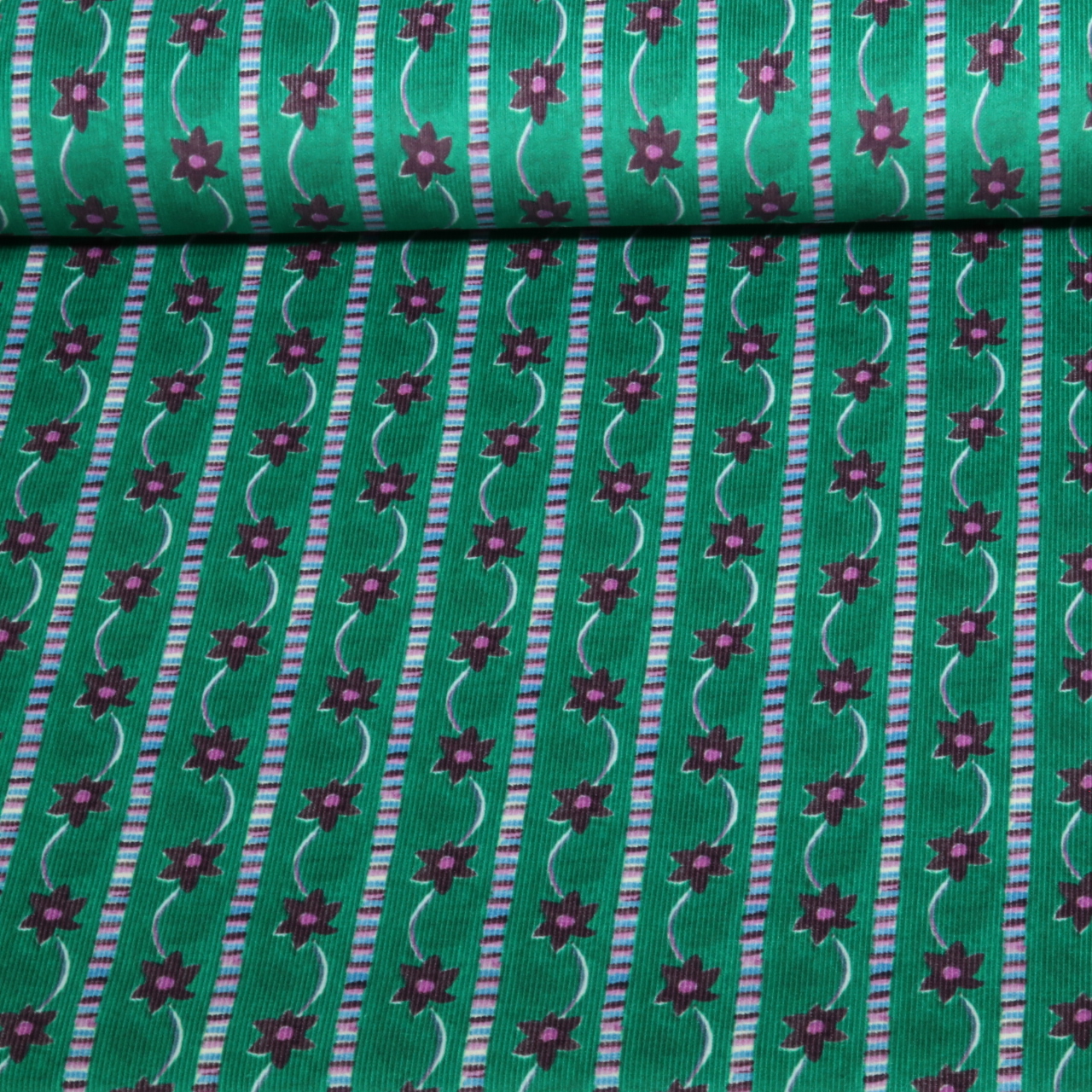 Velours côtelé Babycord / Impression numérique florale à rayures, Vert bouteille-0 Velours côtelé Babycord / Impression numérique florale à rayures, Vert bouteille-0