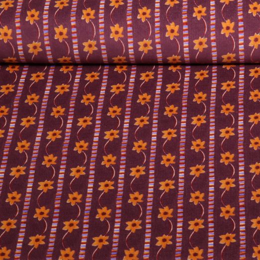 Velours côtelé Babycord / milleraies de rayures fleuries en impression numérique bordeaux Velours côtelé Babycord / milleraies de rayures fleuries en impression numérique bordeaux