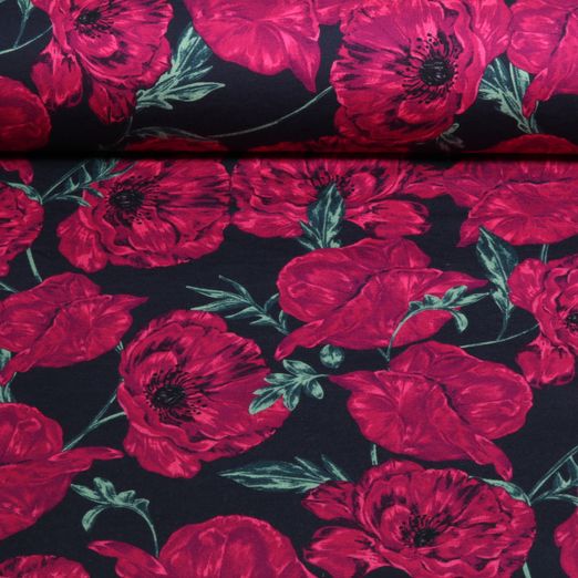 Sommersweat - French Terry Digital Mohnblüten Marine Pink Sommersweat - French Terry Digital Mohnblüten Marine Pink