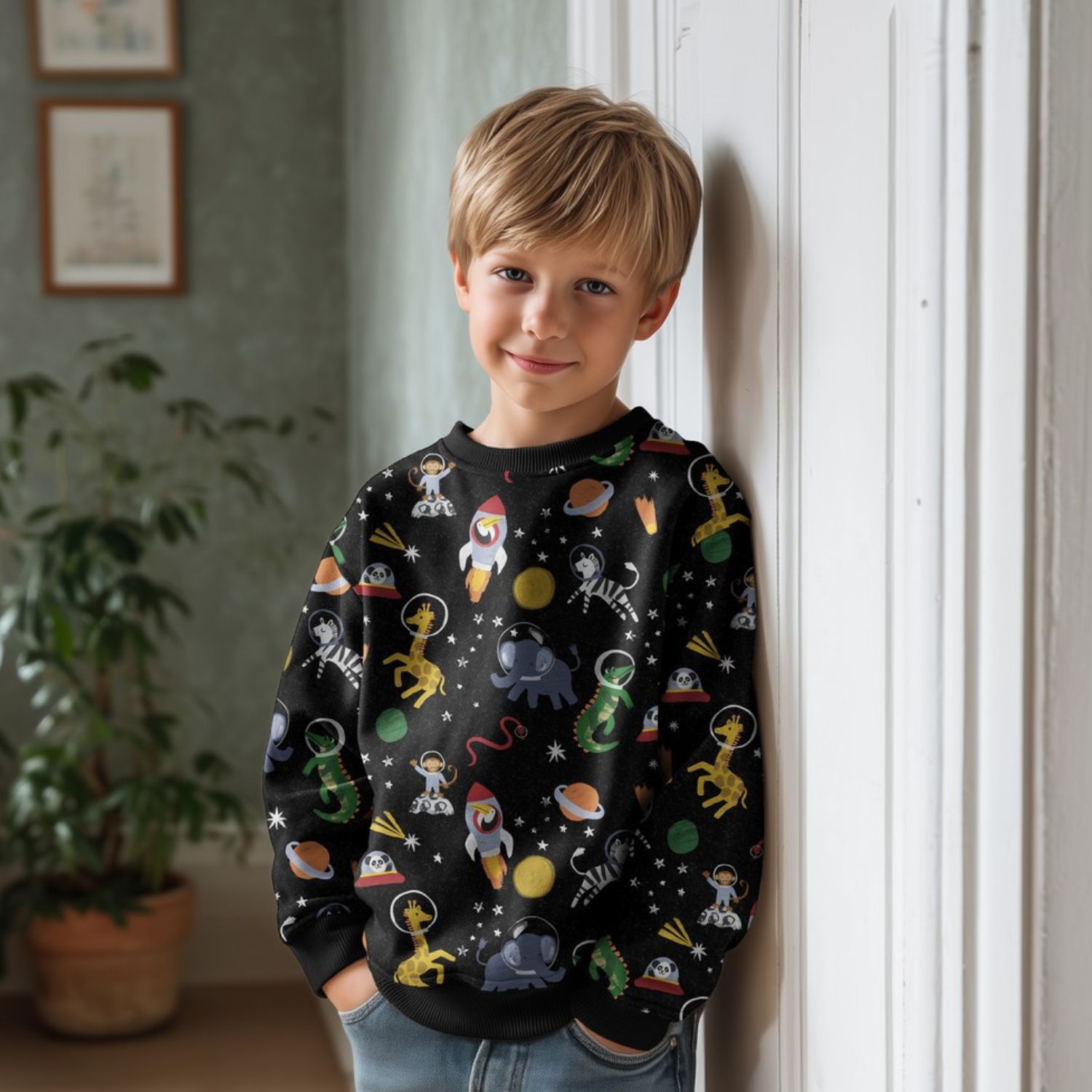 Sommersweat - French Terry Digital Tiere Im Weltall Schwarz-1 Sommersweat - French Terry Digital Tiere Im Weltall Schwarz-1