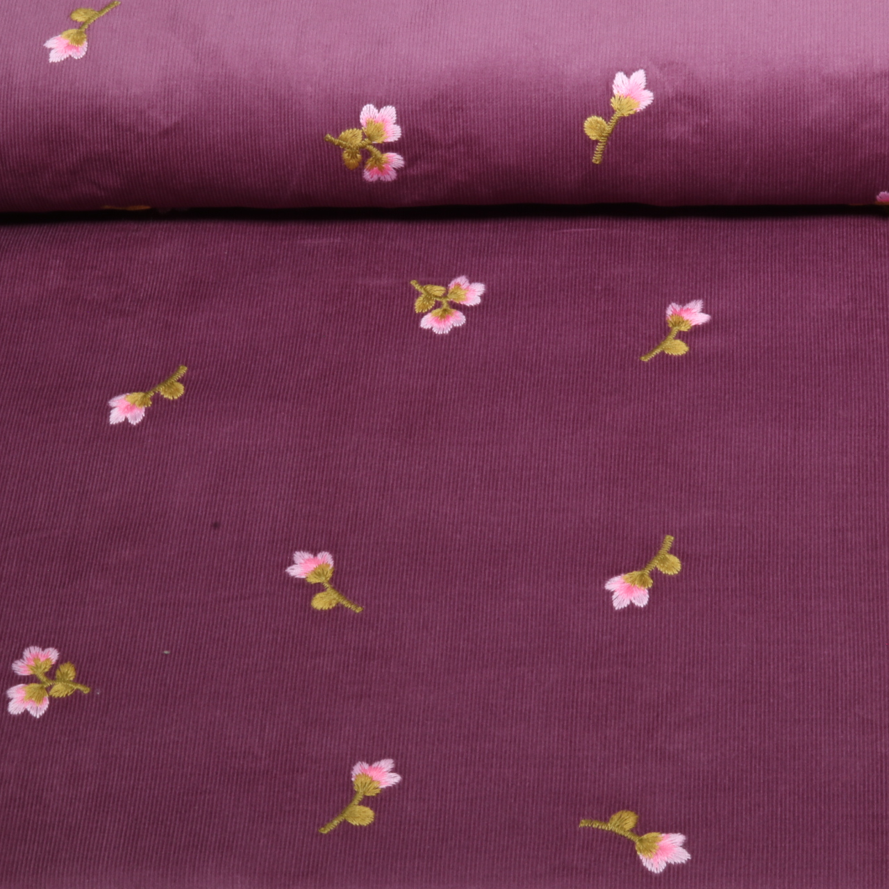 Babycord - Bestickt Blumen Malve-0 Babycord - Bestickt Blumen Malve-0