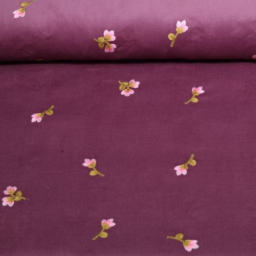 Babycord - Bestickt Blumen Malve Babycord - Bestickt Blumen Malve