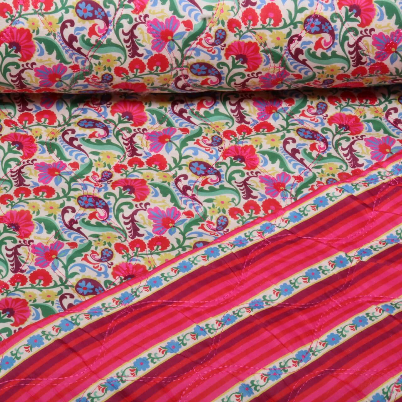 Tissu matelassé pour veste - Double face, motifs floraux multicolores, impression sur film-0 Tissu matelassé pour veste - Double face, motifs floraux multicolores, impression sur film-0