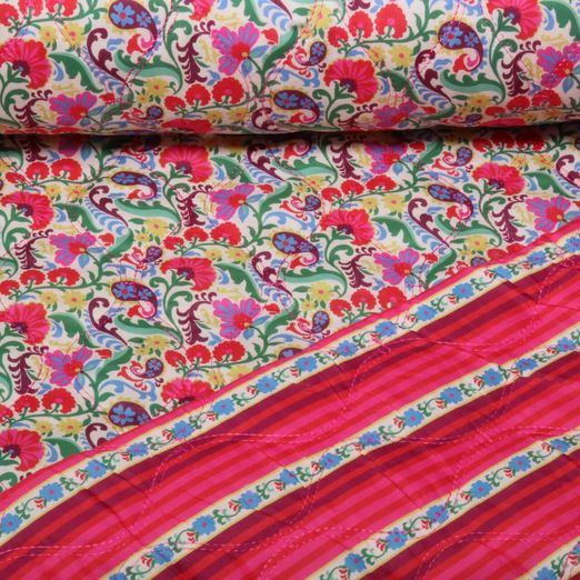 Tissu matelassé pour veste - Double face, motifs floraux multicolores, impression sur film Tissu matelassé pour veste - Double face, motifs floraux multicolores, impression sur film