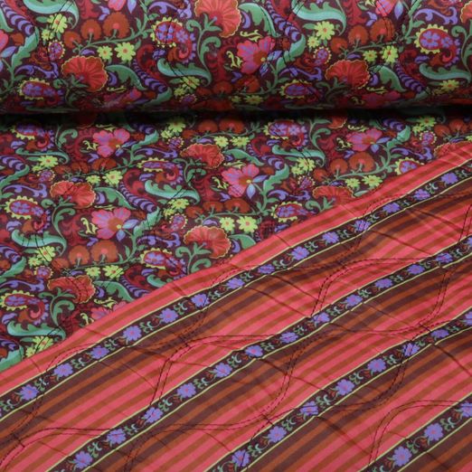 Tissu matelassé - Double face, imprimé floral numérique, Marron et Multicolore, avec impression sur film