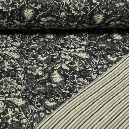Gesteppter Stoff - Doubleface Quilt Blumen Streifen Anthrazit Gesteppter Stoff - Doubleface Quilt Blumen Streifen Anthrazit