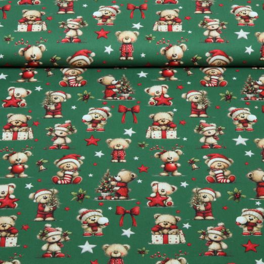 Baumwoll-Popeline - Digital Weihnachtsbären Grün Baumwoll-Popeline - Digital Weihnachtsbären Grün