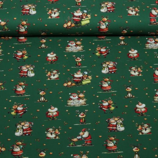 Baumwoll-Popeline - Weihnachtsmann und Elch Grün Baumwoll-Popeline - Weihnachtsmann und Elch Grün
