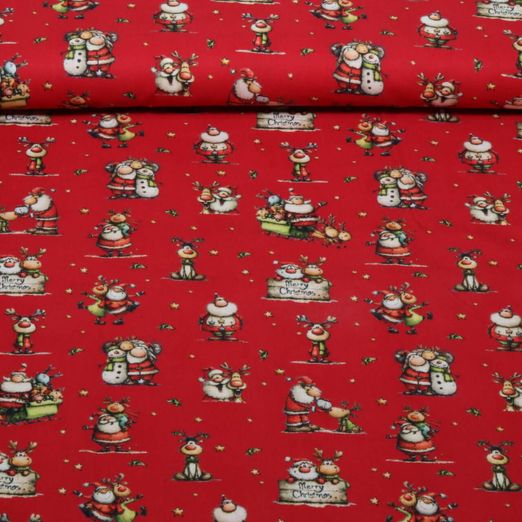 Baumwoll-Popeline - Weihnachtsmann und Elch Rot