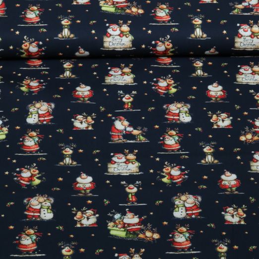 Baumwoll-Popeline - Weihnachtsmann und Elch Navy