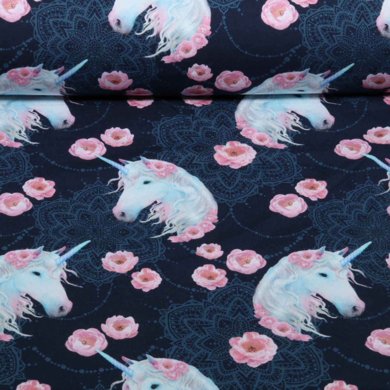 Sweat d'été - Glitzerpüppi, French Terry, motif d'impression numérique « licornes », Bleu marine-0 Sweat d'été - Glitzerpüppi, French Terry, motif d'impression numérique « licornes », Bleu marine-0