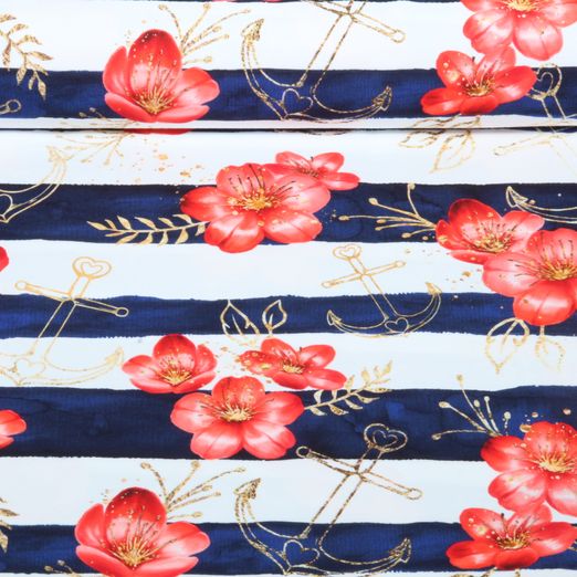 Jersey - Glitzerpüppi Digital Blumen und Anker Gestreift Weiß Navy