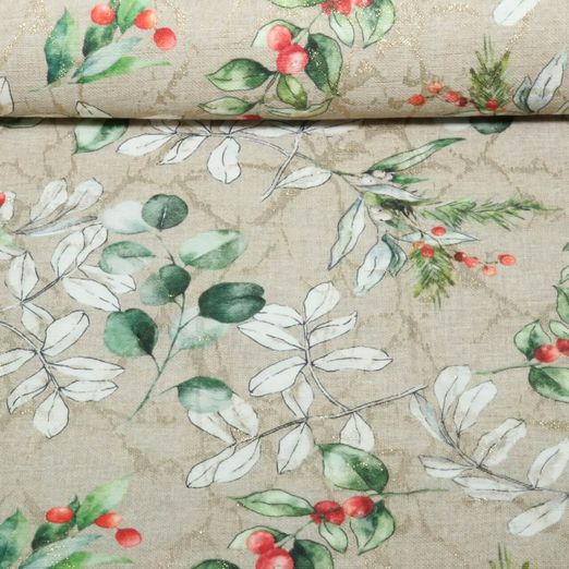 Toile canevas Jacquard Noël : branches d'eucalyptus, Beige Toile canevas Jacquard Noël : branches d'eucalyptus, Beige