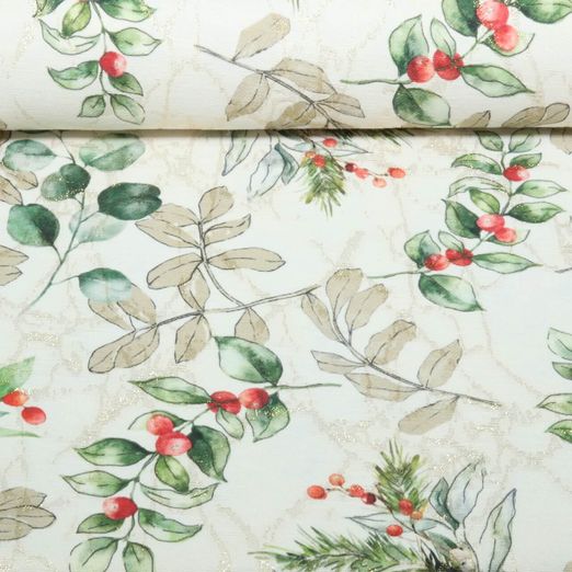 Toile canevas Jacquard Noël : branches d'eucalyptus, Ecru