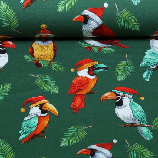 Sweat d'été - French Terry avec impression numérique « Oiseaux de Noël » vert Sweat d'été - French Terry avec impression numérique « Oiseaux de Noël » vert