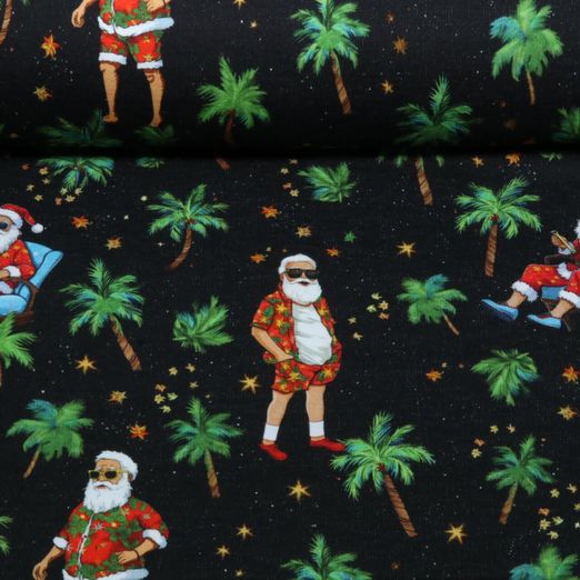 Sweat d'été - French Terry, motif d'impression numérique du Père Noël sous les palmiers, Noir