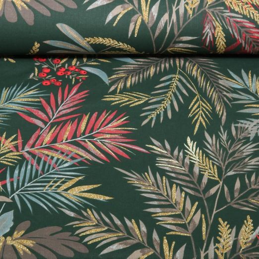 Coton - Branches feuillues Xmas Vert foncé