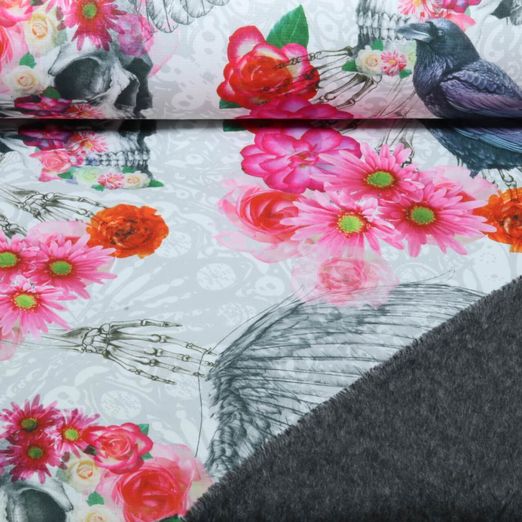 Polaire alpine - Motifs d'impression numérique : têtes de mort et fleurs, gris Polaire alpine - Motifs d'impression numérique : têtes de mort et fleurs, gris