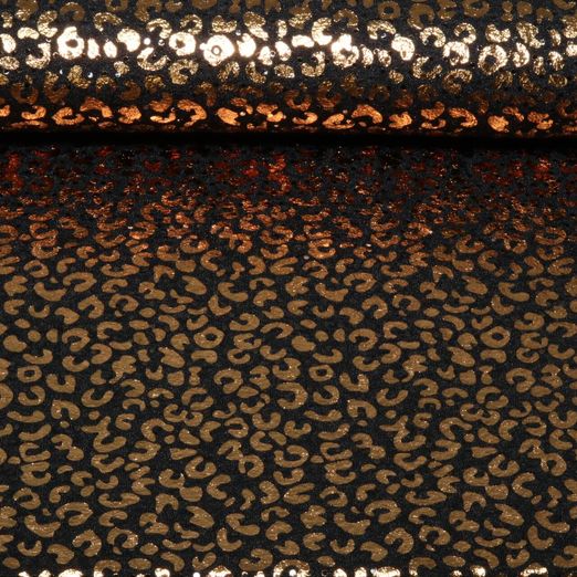 Jersey - Motif léopard pailleté, noir et bronze, effet métallisé, légèrement transparent Jersey - Motif léopard pailleté, noir et bronze, effet métallisé, légèrement transparent