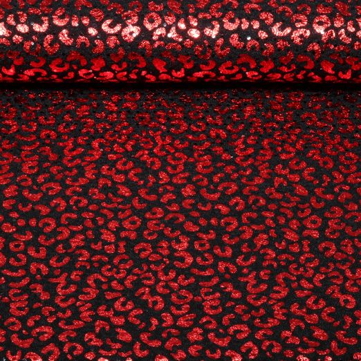 Jersey - Paillettes léopard noir et rouge, filmé, légèrement transparent Jersey - Paillettes léopard noir et rouge, filmé, légèrement transparent