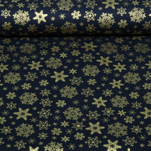 Popeline de coton - Étoiles de neige Bleu marine doré