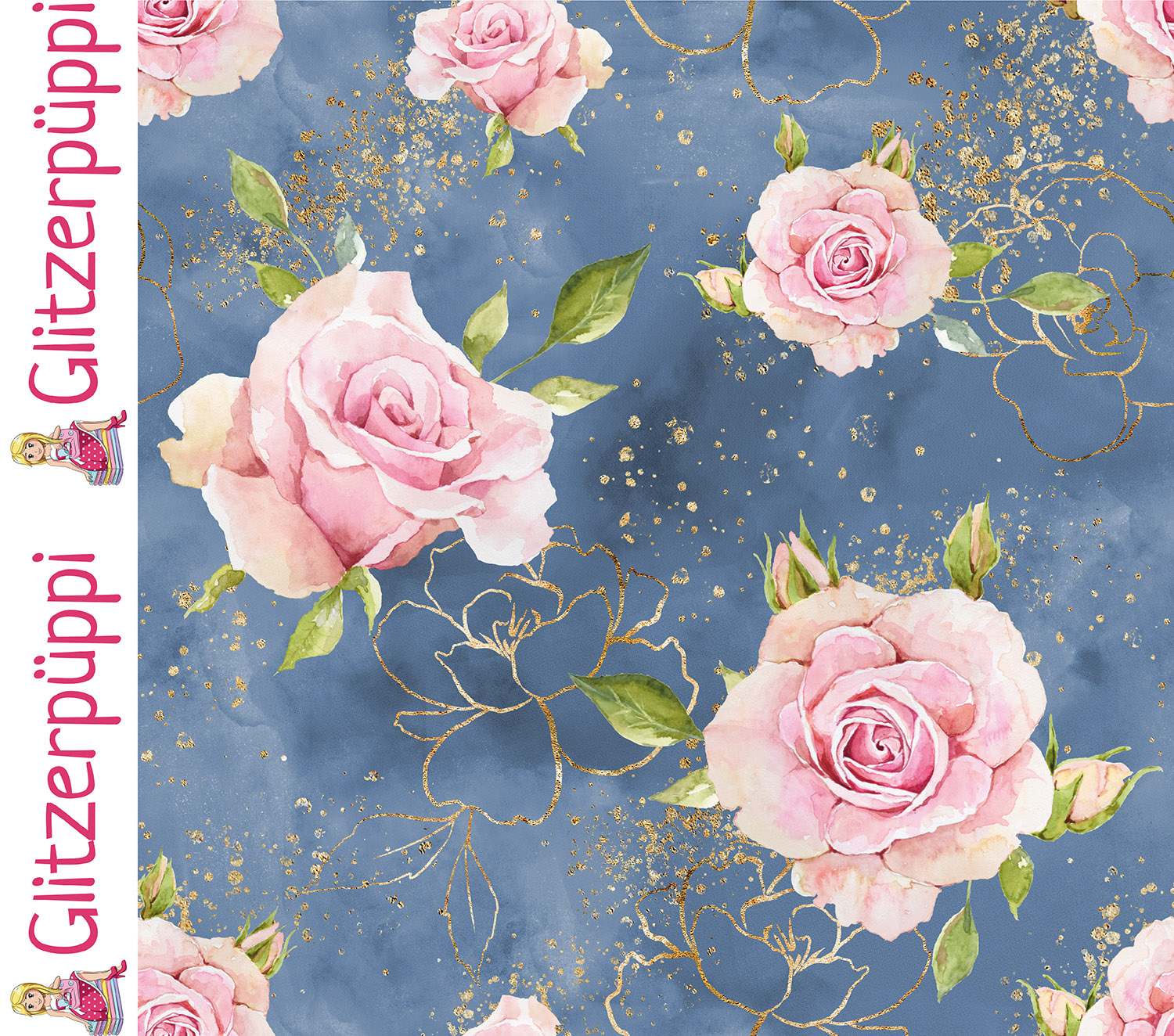 Sweat d'été - Glitzerpüppi, French Terry, impression numérique « Roses », Bleu-1 Sweat d'été - Glitzerpüppi, French Terry, impression numérique « Roses », Bleu-1