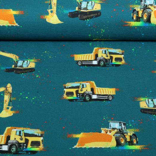 Jersey - Glitzerpüppi Impression numérique : véhicules de chantier, couleur Bleu pétrole
