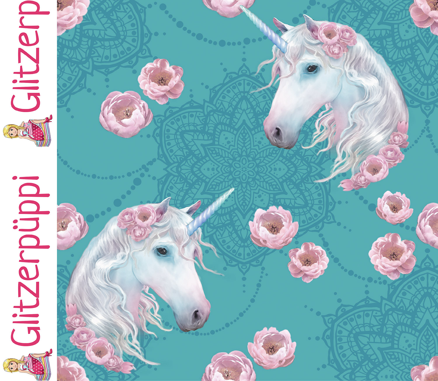 Sommersweat - Glitzerpüppi French Terry Digital Einhörner Türkis-1 Sommersweat - Glitzerpüppi French Terry Digital Einhörner Türkis-1