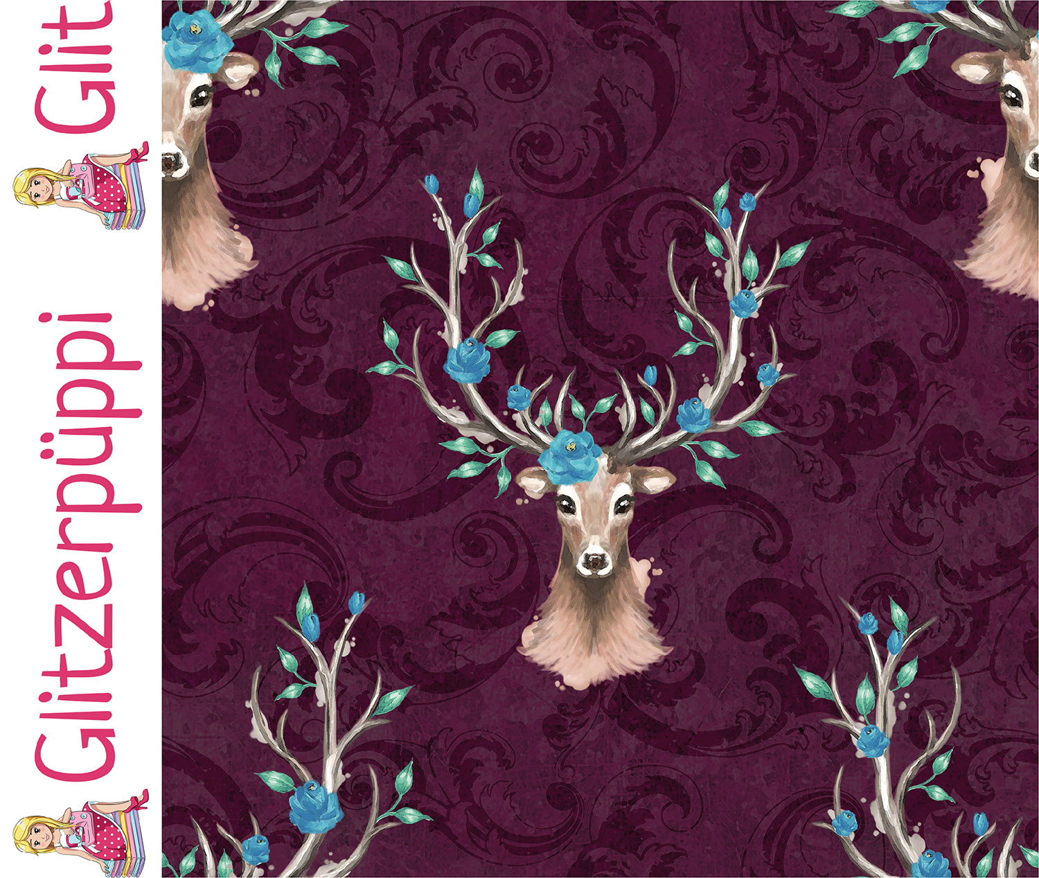 Sweat - Motif d’impression numérique « Glitzerpüppi » : cerfs et fleurs, Bordeaux, tissu gratté-1 Sweat - Motif d’impression numérique « Glitzerpüppi » : cerfs et fleurs, Bordeaux, tissu gratté-1