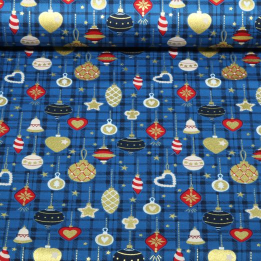 Baumwoll-Popeline - Weihnachtschmuck Karo Blau Gold