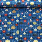Popeline de coton - Décorations de Noël à carreaux bleus et dorés