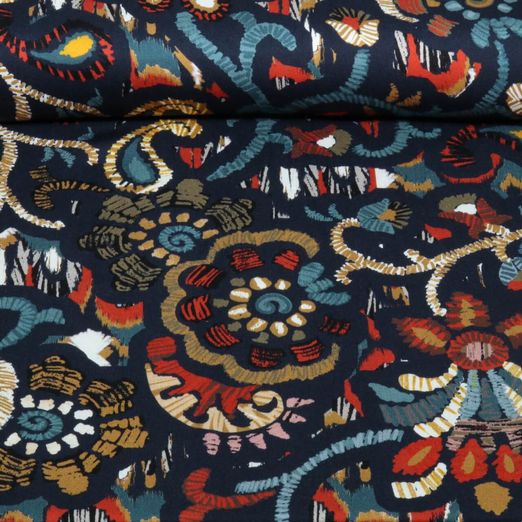 Viskose-Satin - Blumen Ethno Navy Viskose-Satin - Blumen Ethno Navy