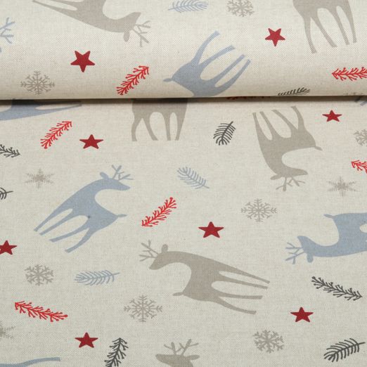 Toile canevas - Cerfs de Noël, aspect lin, Beige