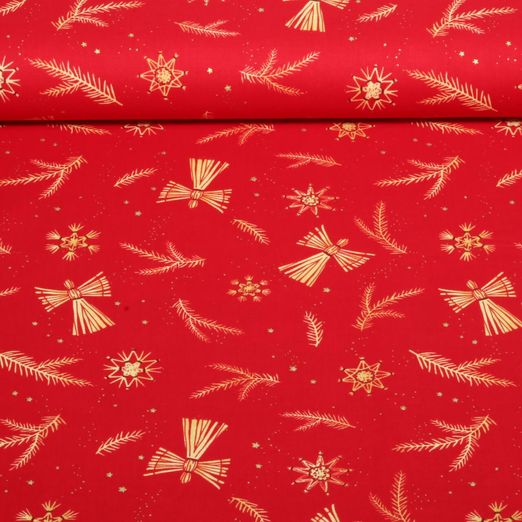 Baumwoll-Popeline - Strohsterne Engel Rot Gold Baumwoll-Popeline - Strohsterne Engel Rot Gold