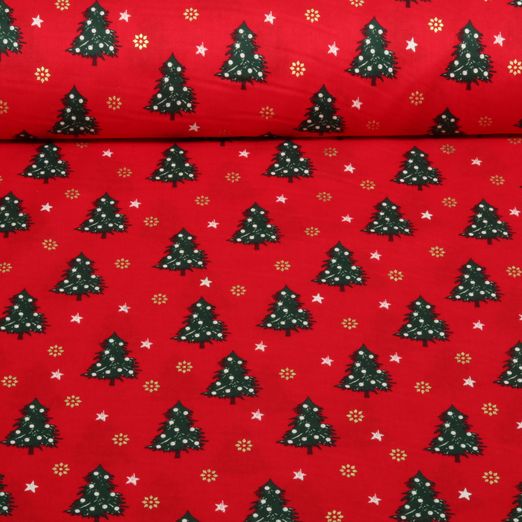 Baumwoll-Popeline - Weihnachtsbäume Rot Gold