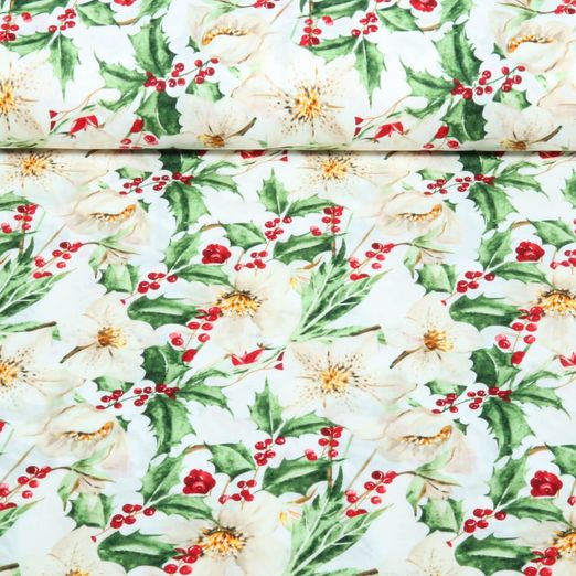 Coton - Fleurs de Noël, Blanc et Multicolore