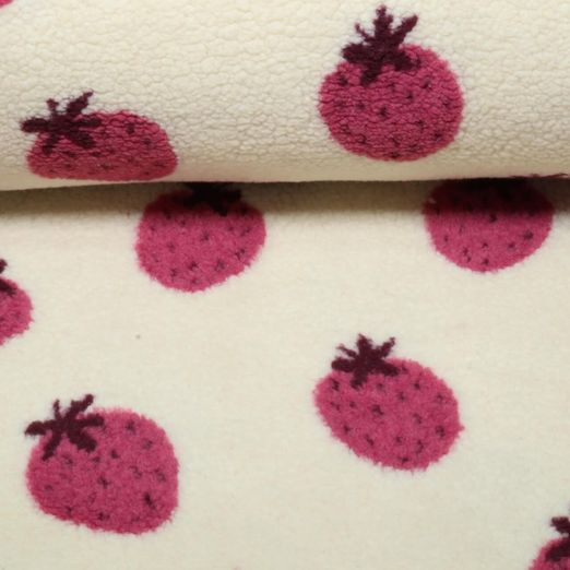 Polaire teddy - Motif jacquard fraises Beige
