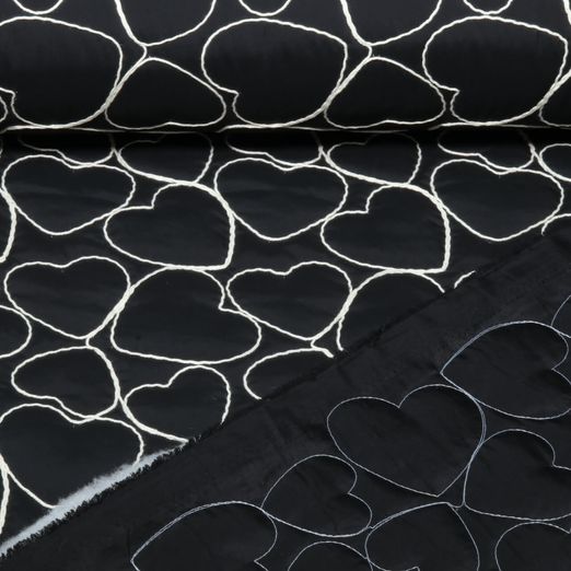 Tissu matelassé -  Broderie « cœurs » noirs