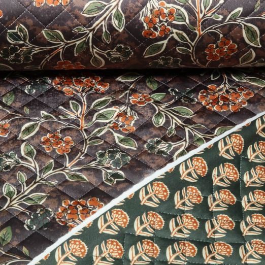 Tissu matelassé - Collection Enjoy, motif floral en impression numérique, Marron Tissu matelassé - Collection Enjoy, motif floral en impression numérique, Marron