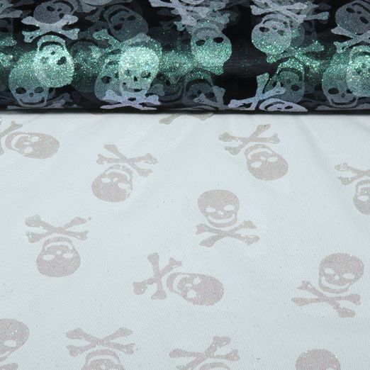 Tulle - Têtes de mort d'Halloween pailletées, Noir et Argenté