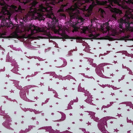 Tulle - Chauves-souris d'Halloween pailletées, Noir et Rose vif