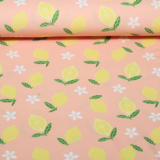 Tissu pour vêtements de sport et maillots de bain - Impression numérique « Citrons et pêches » UPF50 Tissu pour vêtements de sport et maillots de bain - Impression numérique « Citrons et pêches » UPF50