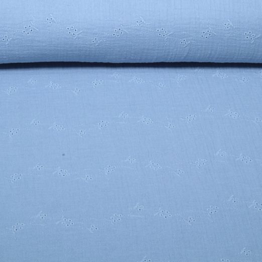 Gaze de coton - Broderie ajourée « Fleurs bleues » Gaze de coton - Broderie ajourée « Fleurs bleues »