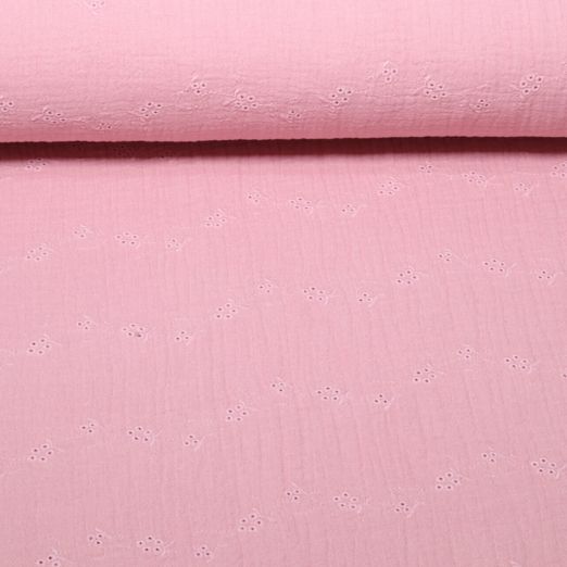 Gaze de coton - Broderie ajourée « Fleurs » vieux rose Gaze de coton - Broderie ajourée « Fleurs » vieux rose