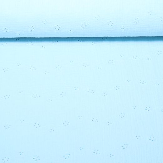 Gaze de coton - Broderie ajourée « Fleurs » bleu ciel