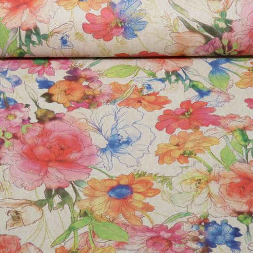 Toile canevas - Effet lin, motif floral impression numérique, Beige multicolore