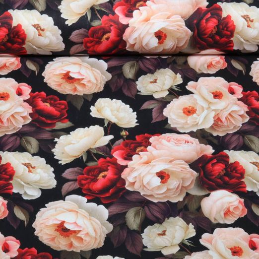 Toile canevas en coton - Impression numérique « Roses » noires et multicolores Toile canevas en coton - Impression numérique « Roses » noires et multicolores