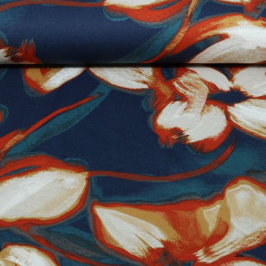 Jersey Romanite - Grandes fleurs Bleu marine et Rouge brique Jersey Romanite - Grandes fleurs Bleu marine et Rouge brique