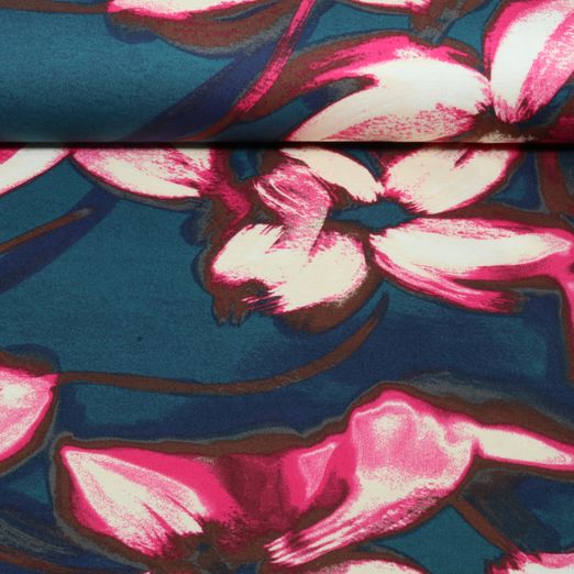 Jersey Romanite - Impression numérique à grandes fleurs, Bleu pétrole et Rose vif